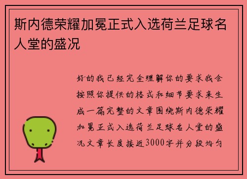 斯内德荣耀加冕正式入选荷兰足球名人堂的盛况